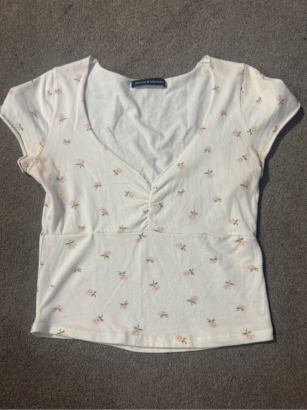 Brandy Melville White V-Neck Cropped Top with Pink Floral Print